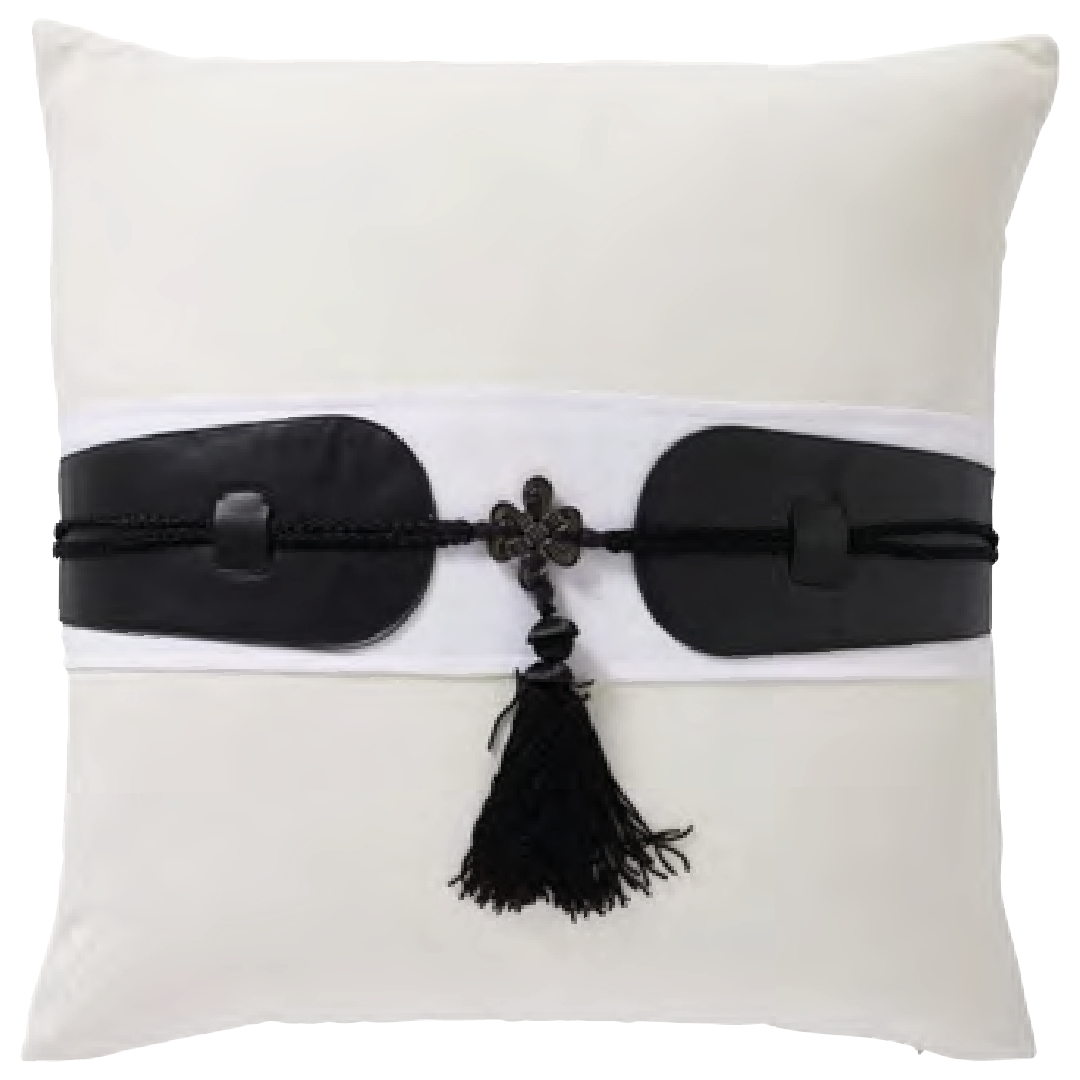 CODE_ EQ17 TASSEL CHIC 50x50 100_ Cotton Slub. Leather Applique. Tassel Detailing. Knife Edge.